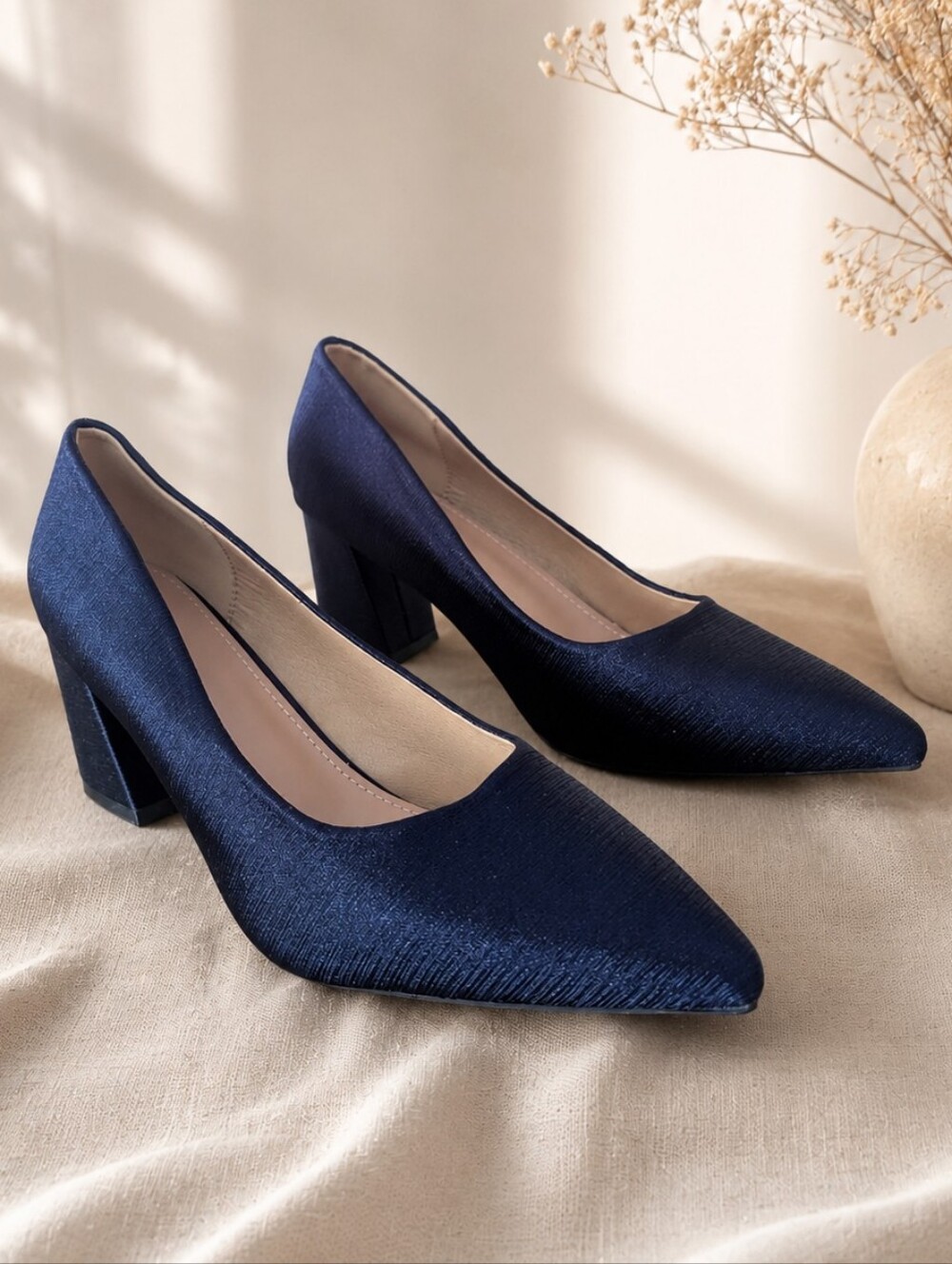 Navy Blue Satin Block Heel Pumps | Pointed Toe Dress Shoes | Classic Heel